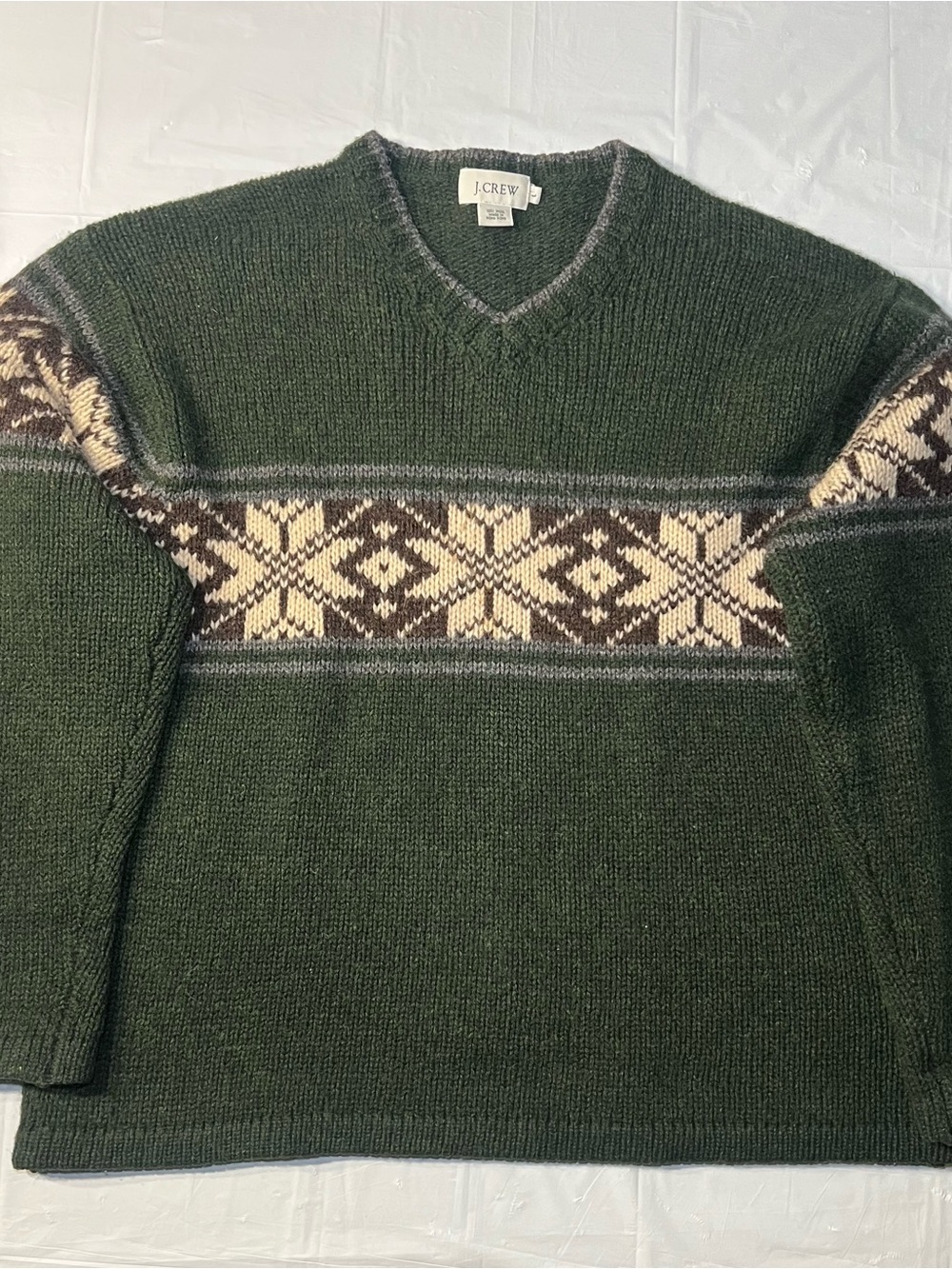 J.CREW Men’s Wool V-Neck Fair Isle Knit Pullover Sweater Green Brown Beige L